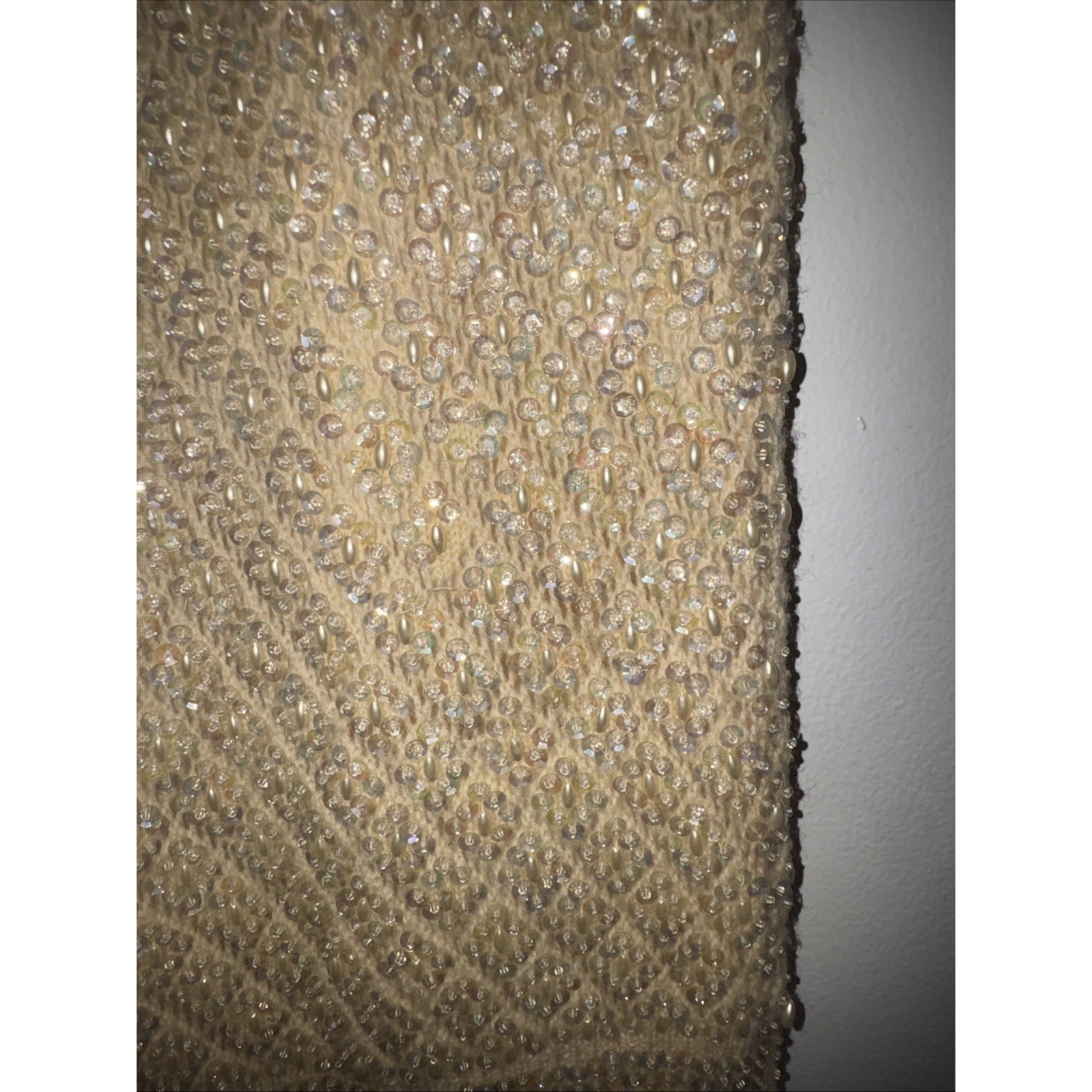 Vintage Beaded Sequin Knit Tank Top Cream Champagne Pearl Fringe Shell L