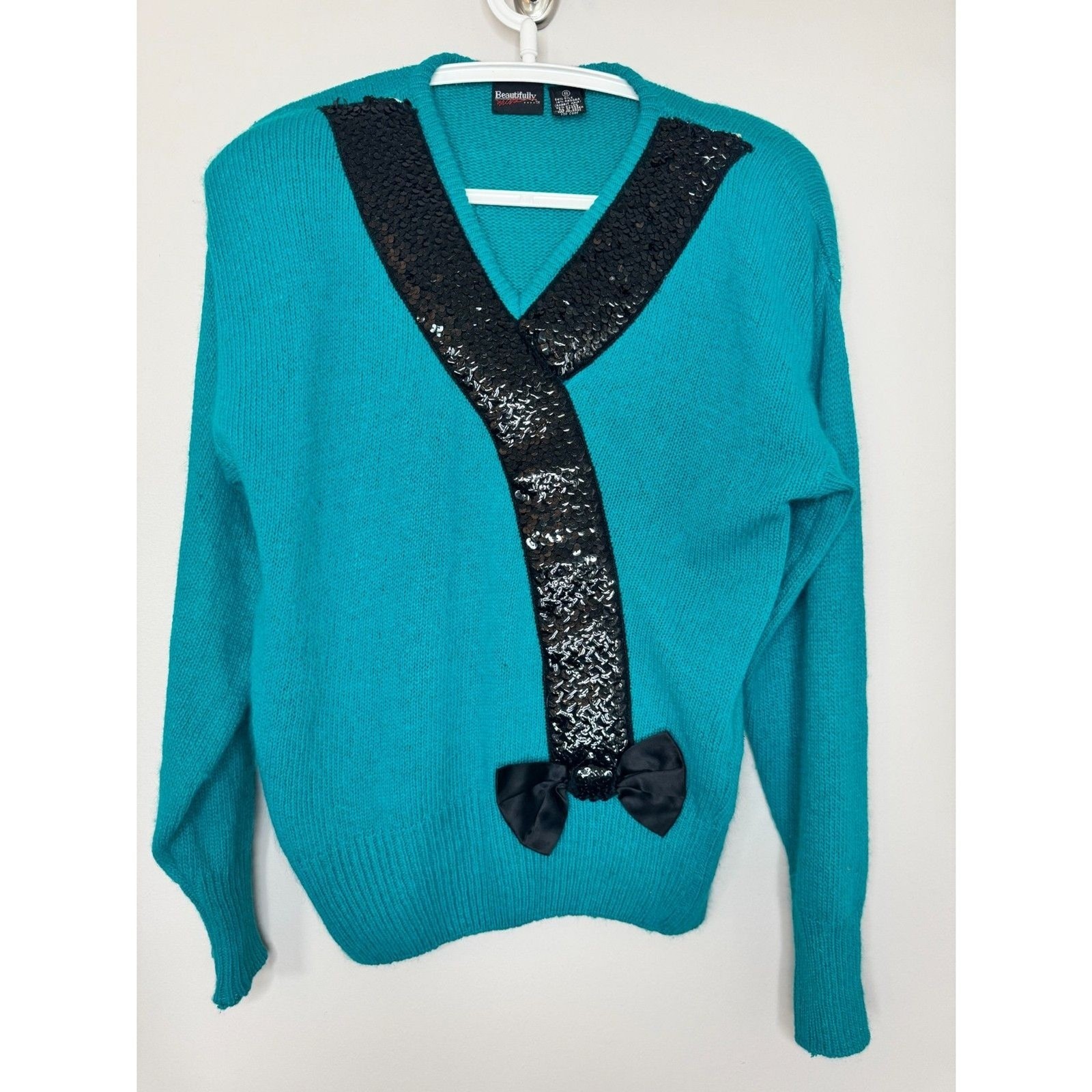 Beautifully Mine Vintage Silk Angora Sequin Bow Sweater Teal Turquoise Small