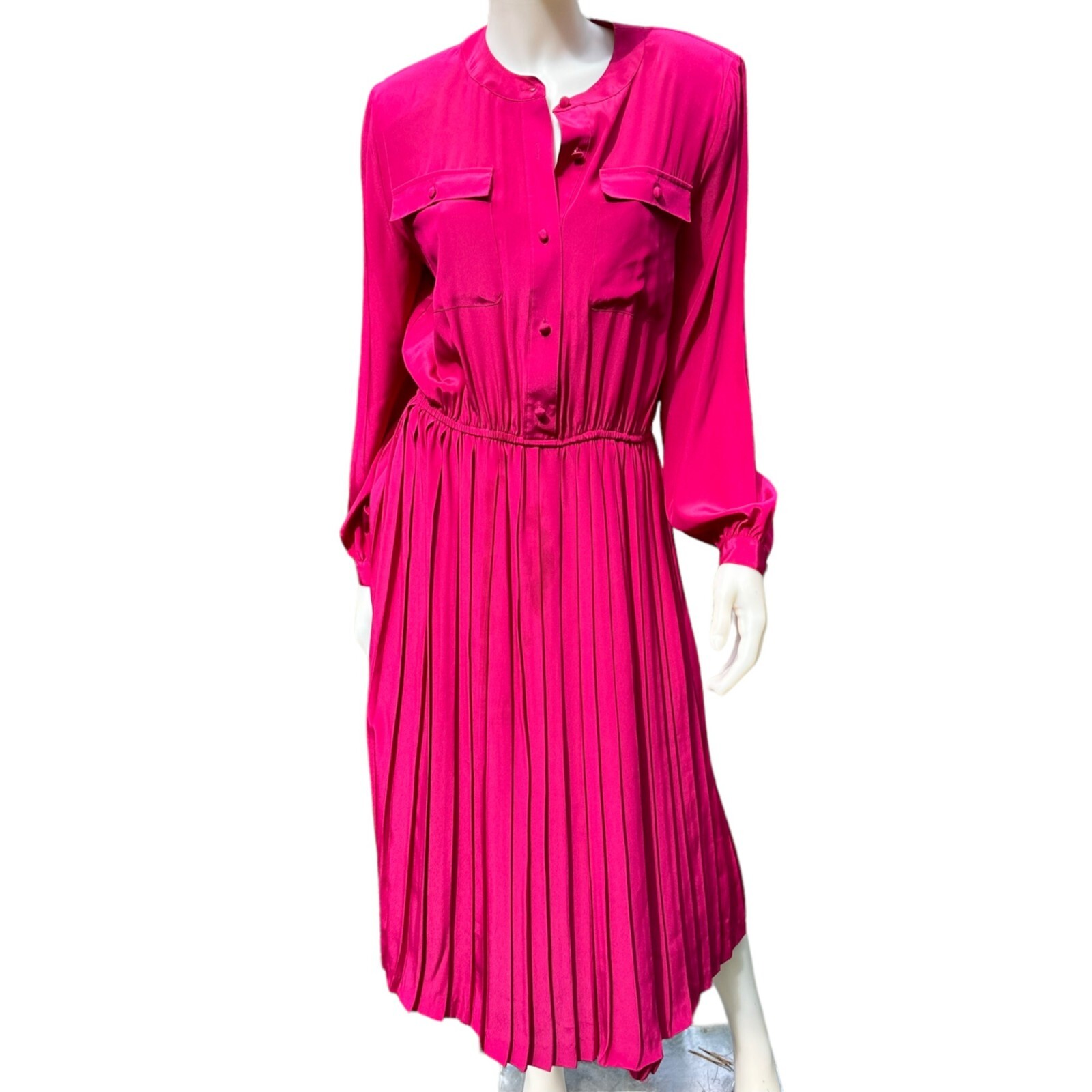 Vintage 80s Hana Sung Shirt Dress Size 12 Raspberry Pink Pleated Midi Barbie