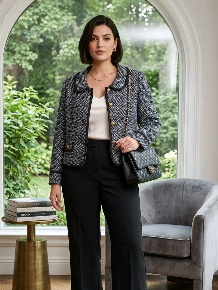 Vtg Kasper NWT Tweed Blazer Jacket Black White Gold Button Braided Trim Sz 12
