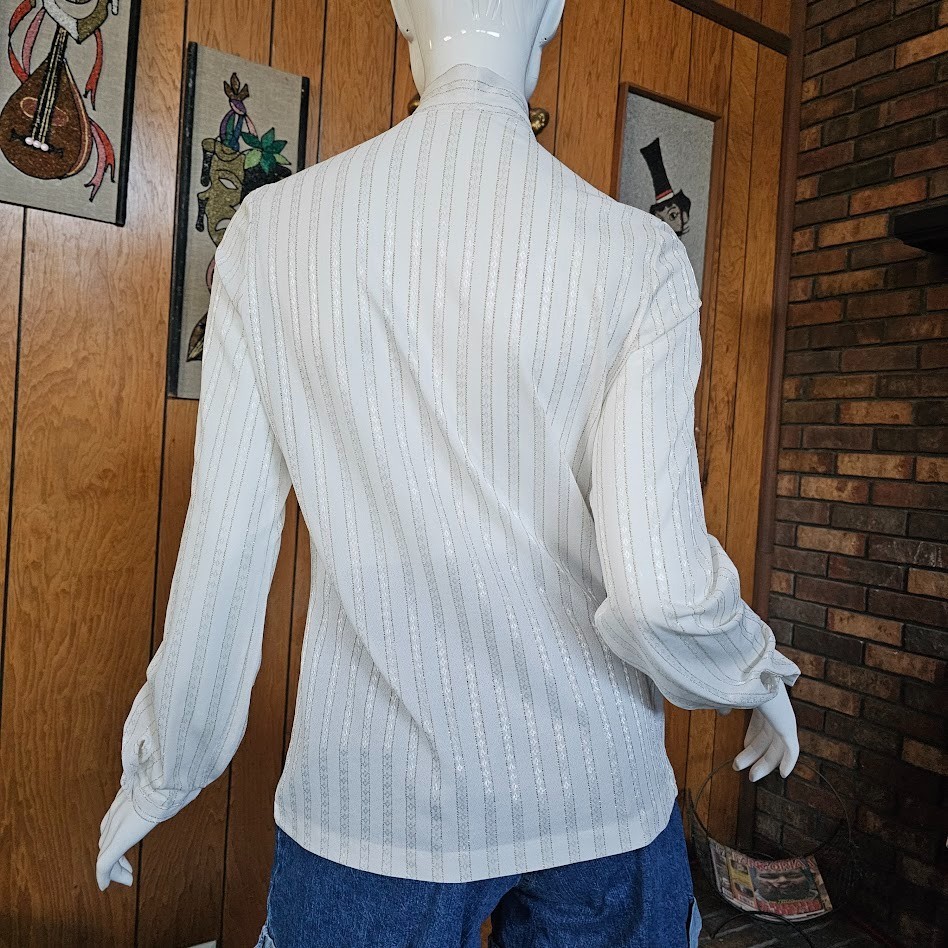 Vintage 80s Disco Secretary Pussy Bow Gold Pinstripe Button Up Blouse Top S/M