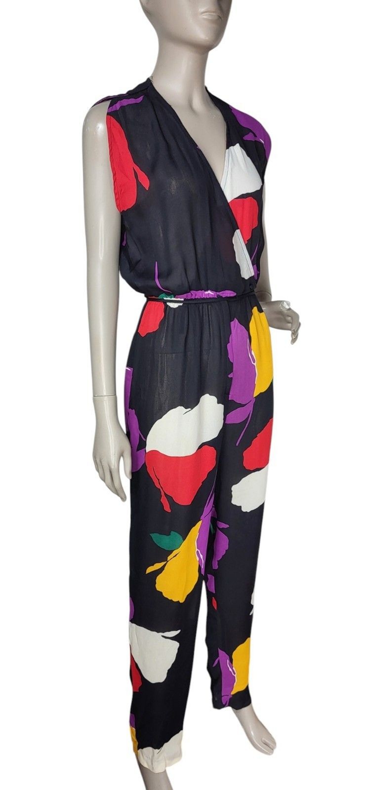 Vintage 70s/80s Ann Marie Black Abstract Floral Sleeveless Surplice Jumpsuit