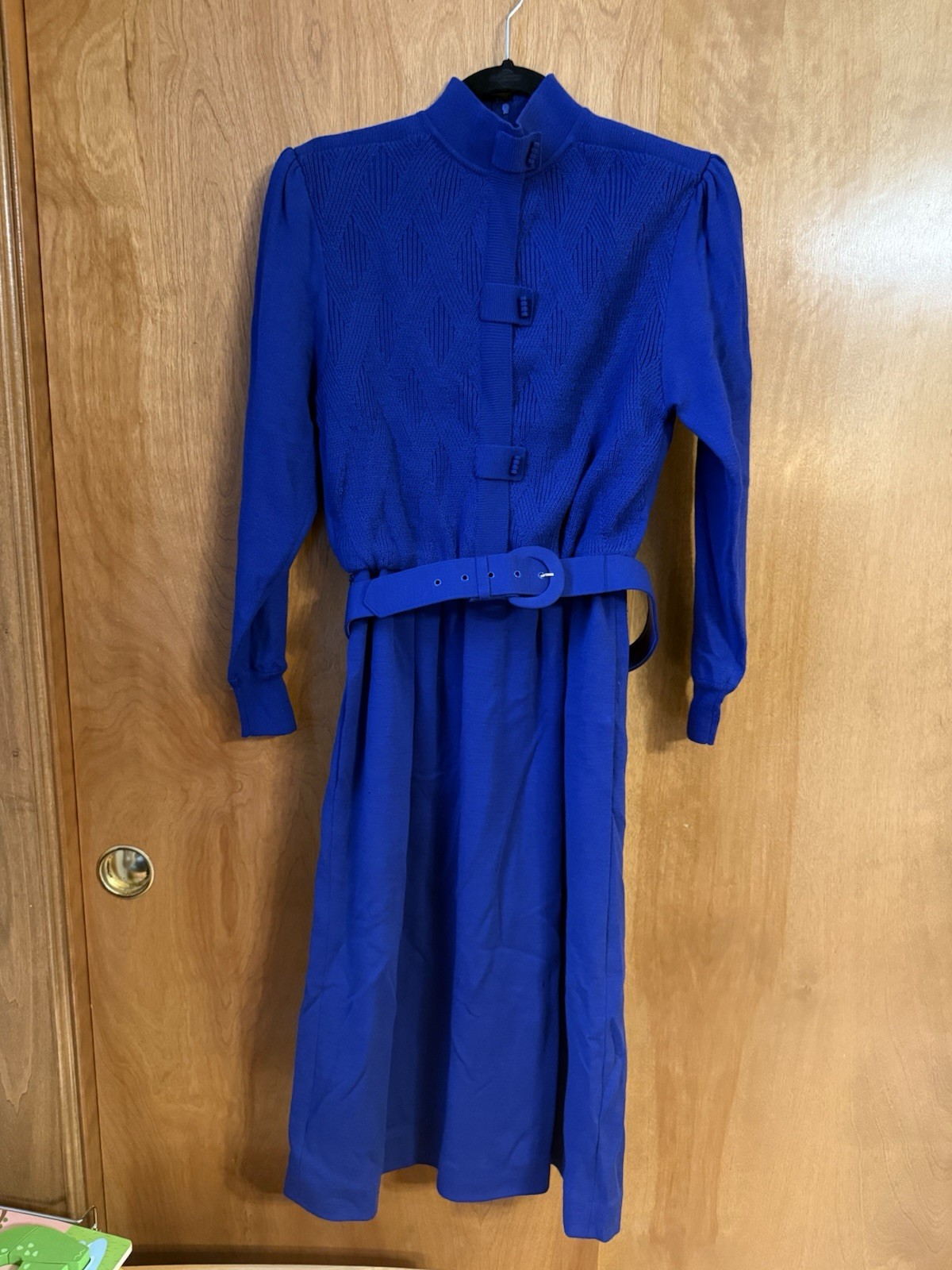 Vintage Talbots Ciao 100% Pure New Wool Blue Dress With Belt Size 8