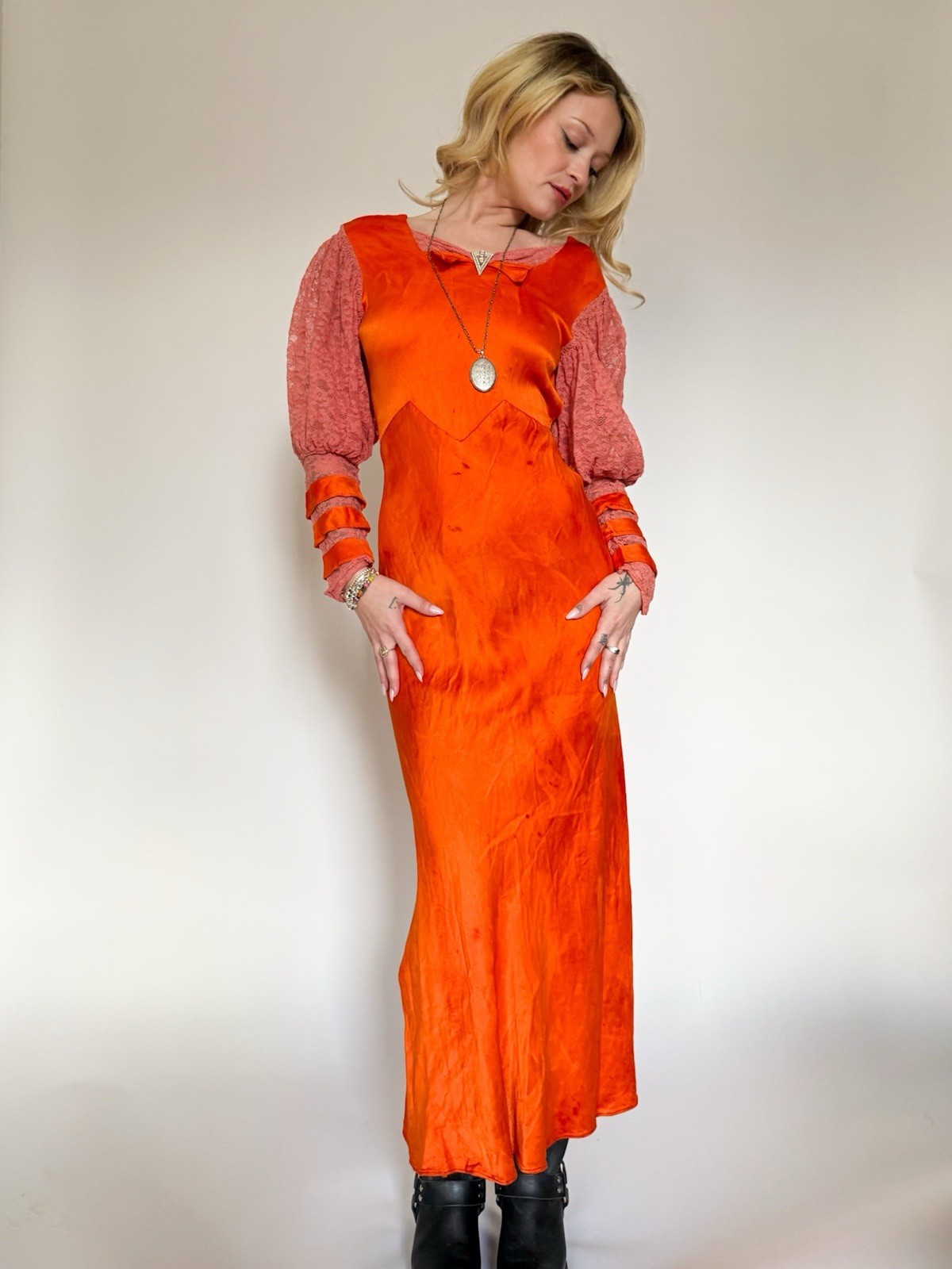 Vintage 1940’s Over Dyed Orange Pink Satin Dress Lace Puff Sleeves Belt