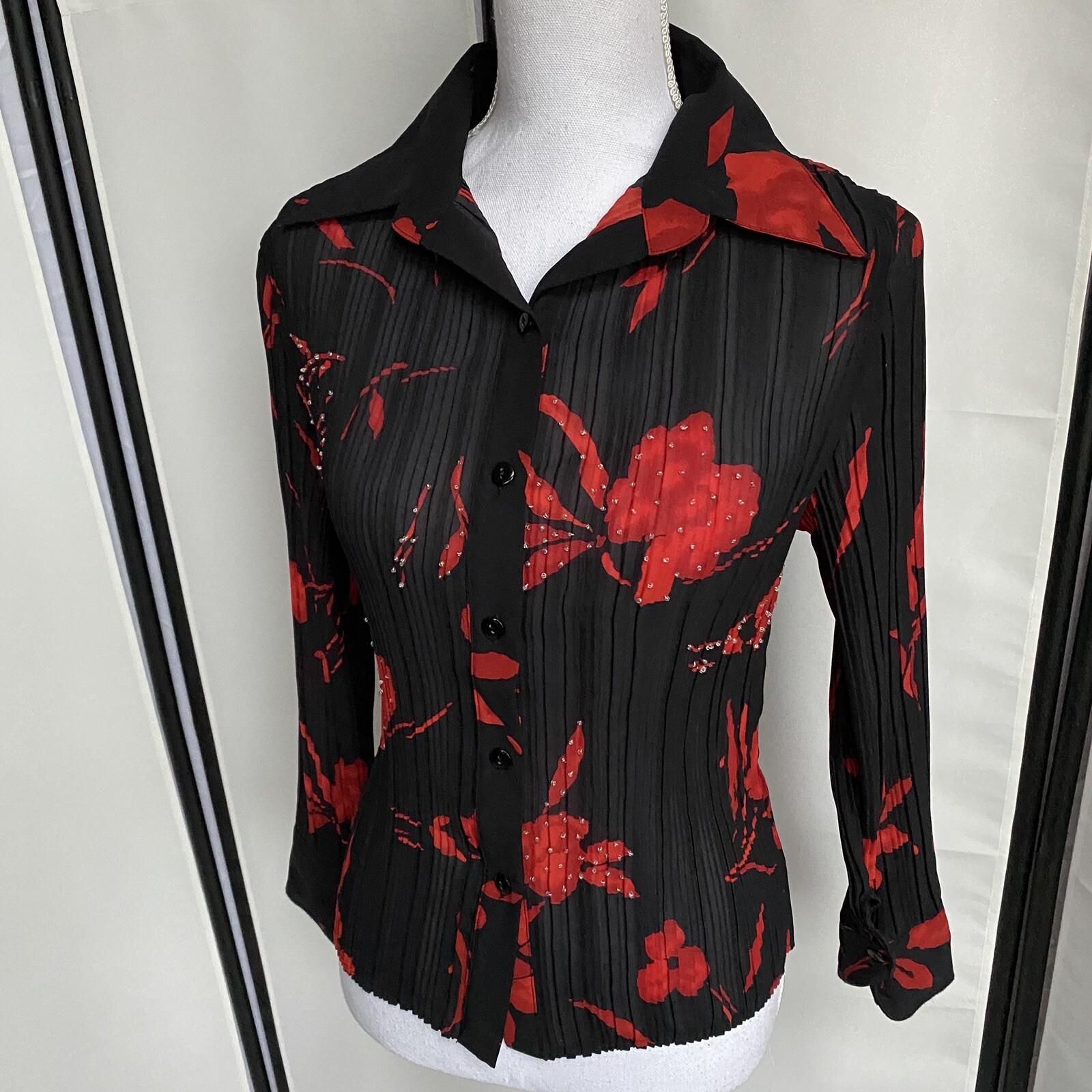 Patchington Vtg Womens Small See Through Top Black Red Button Up Shirt Floral E7