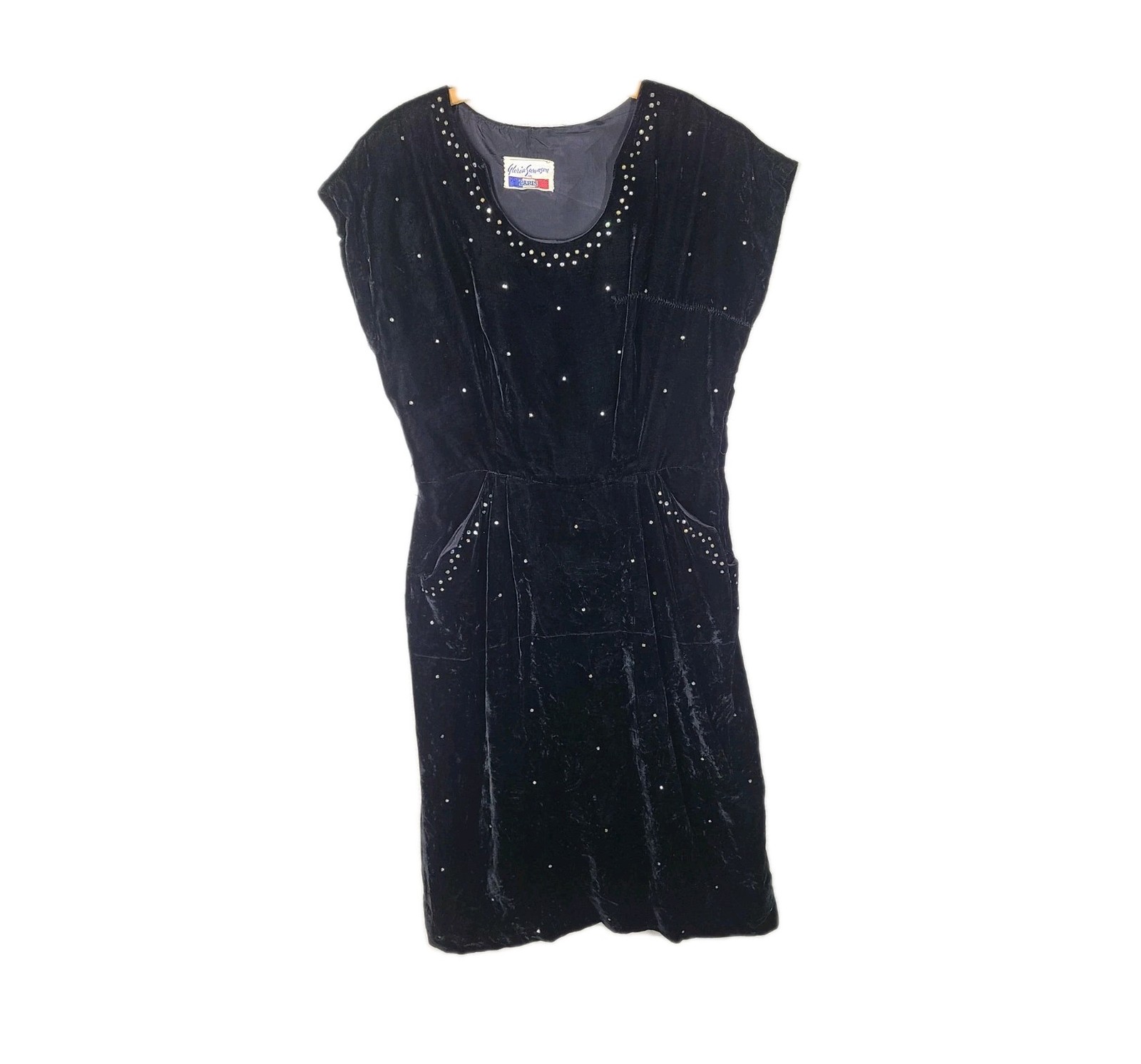 Vtg 40s Dress Black Velvet Night Sky Rhinestone wBelt Gloria Swanson Paris AsIs