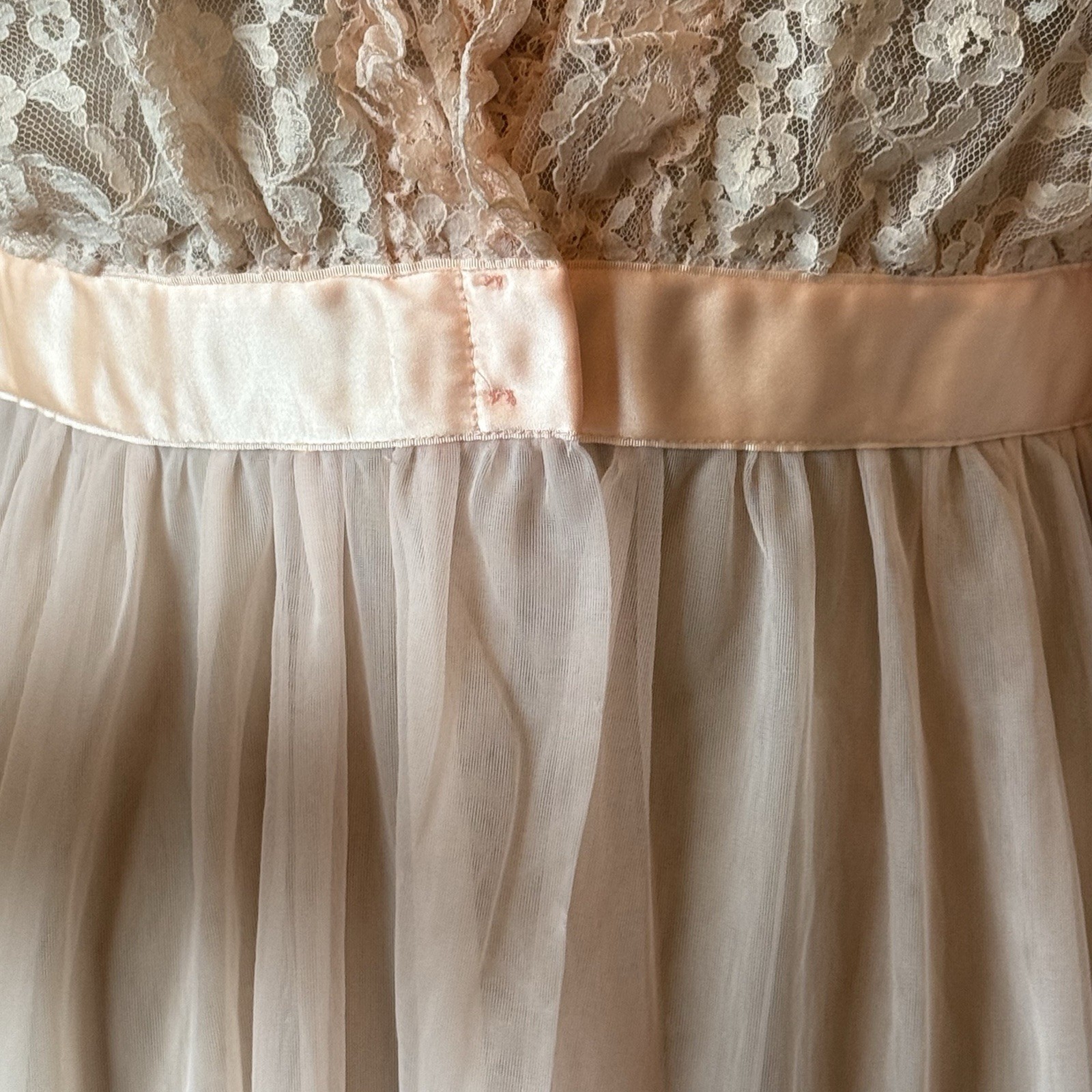 Vintage 60s Pandora Lingerie Peignoir M Nylon Double Chiffon Lace Puff Sleeves