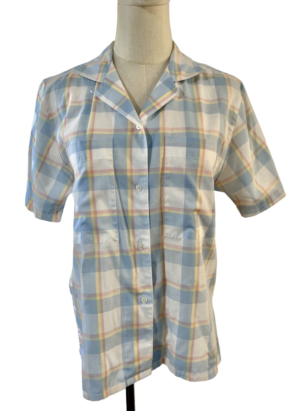 Partners by Mervyns Vintage plaid top 70s 80s Blouse Shirt Button Up Pastel Sz 8