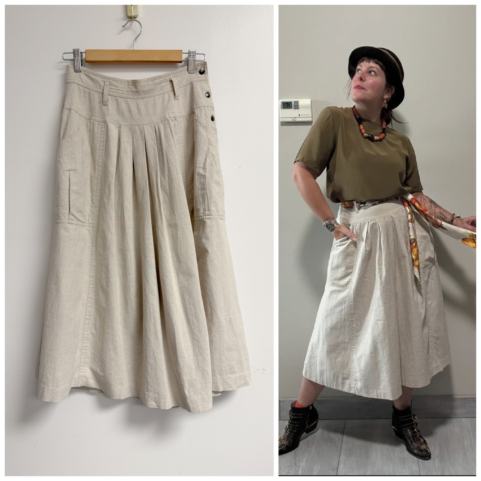 Vintage Chaus Linen Blend Khaki Tan Cream Full Pleated Safari Midi Skirt