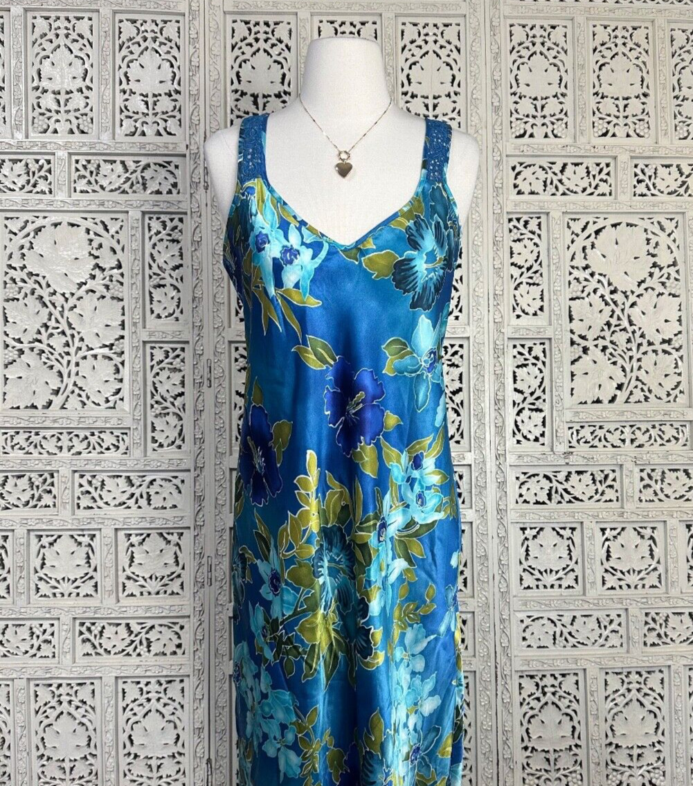 Vintage Blue And Green Floral Satin Slip Dress With Crochet Straps Sz Medium