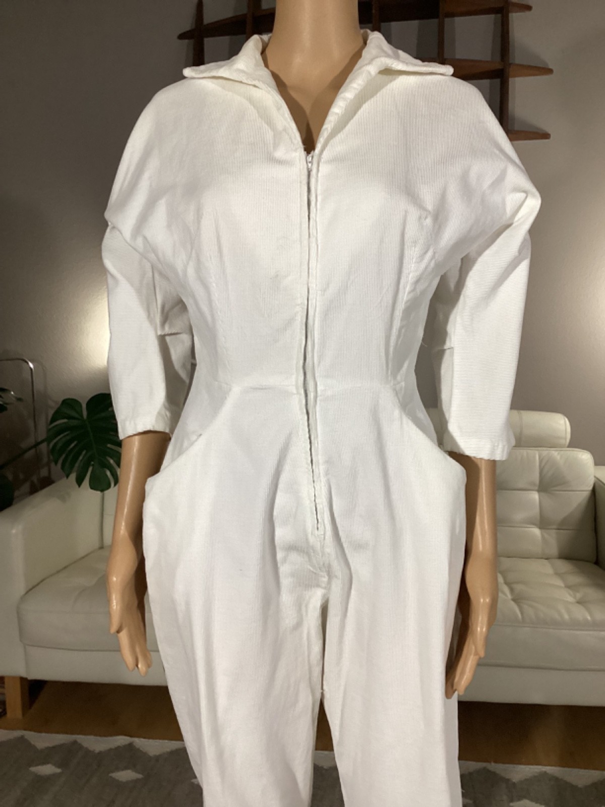 Vintage 1950’s White Corduroy Jumpsuit Rockabilly Metal Front Zip Pockets