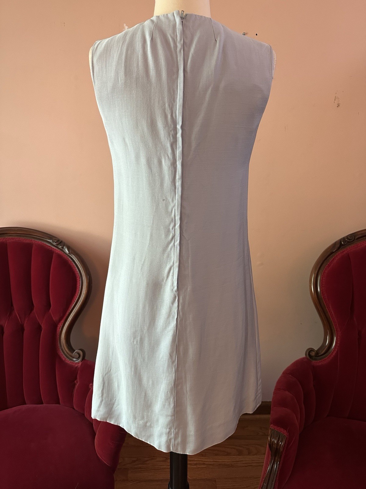Vintage 60s Baby Blue Lace Ruffled Jabot Shift Mini Dress Silk Linen XS S