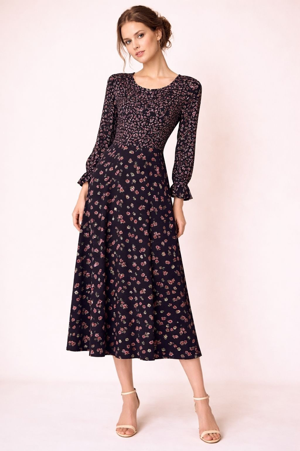 Vintage Lanz Originals Floral Cottagecore Prairie Long Sleeve Midi Dress
