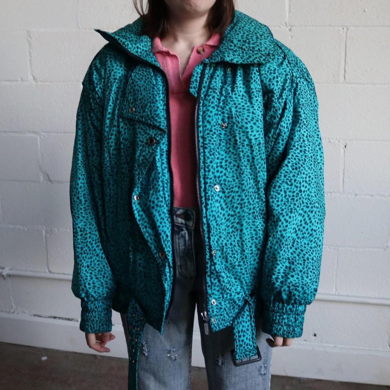 Vtg 80s Snow Coat, Winter, Ski, Turquoise, Black, Cheetah, Leopard, Snugglers