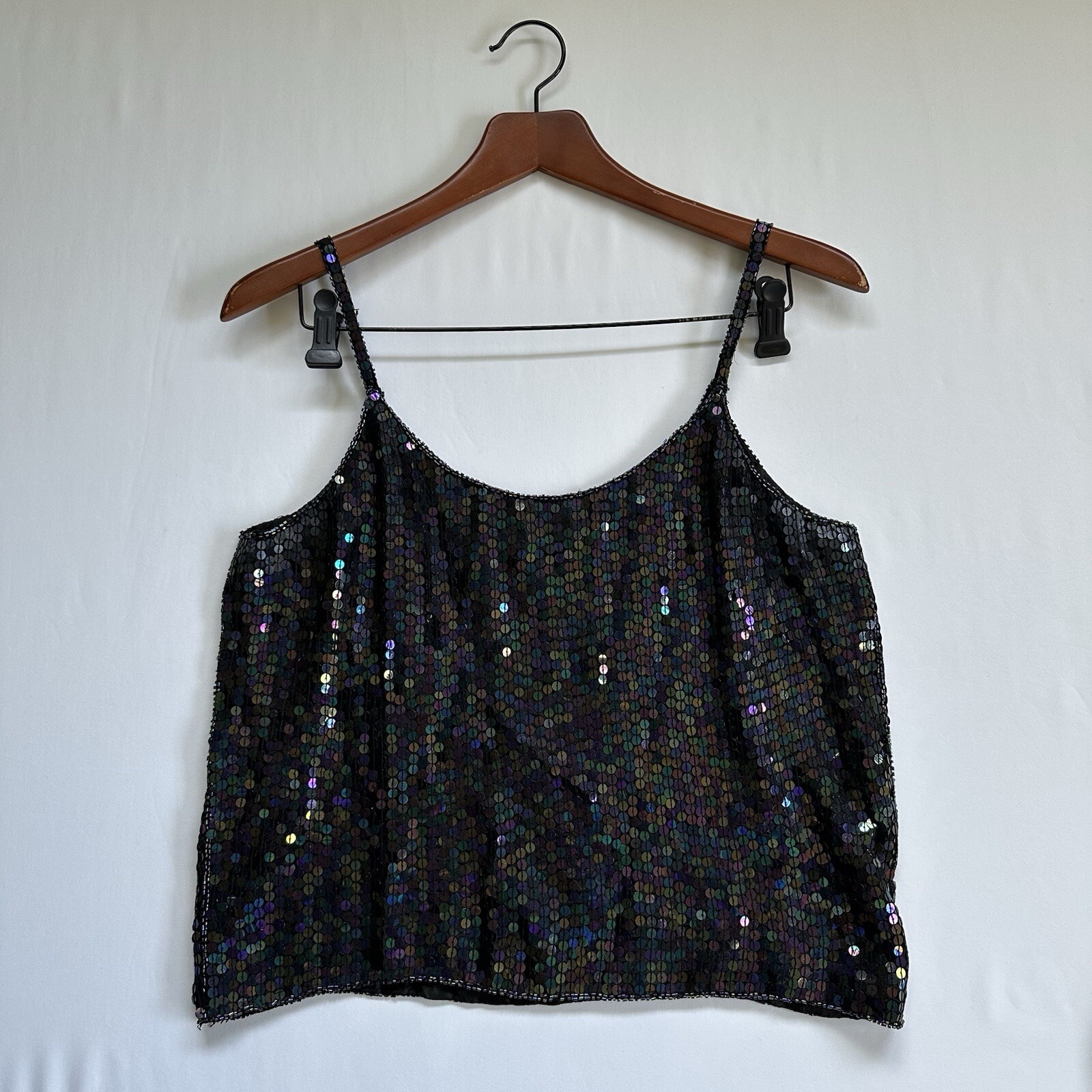 VTG 100% Silk Sequins Beaded Spaghetti Black Strap Top Spell Bound Size Medium