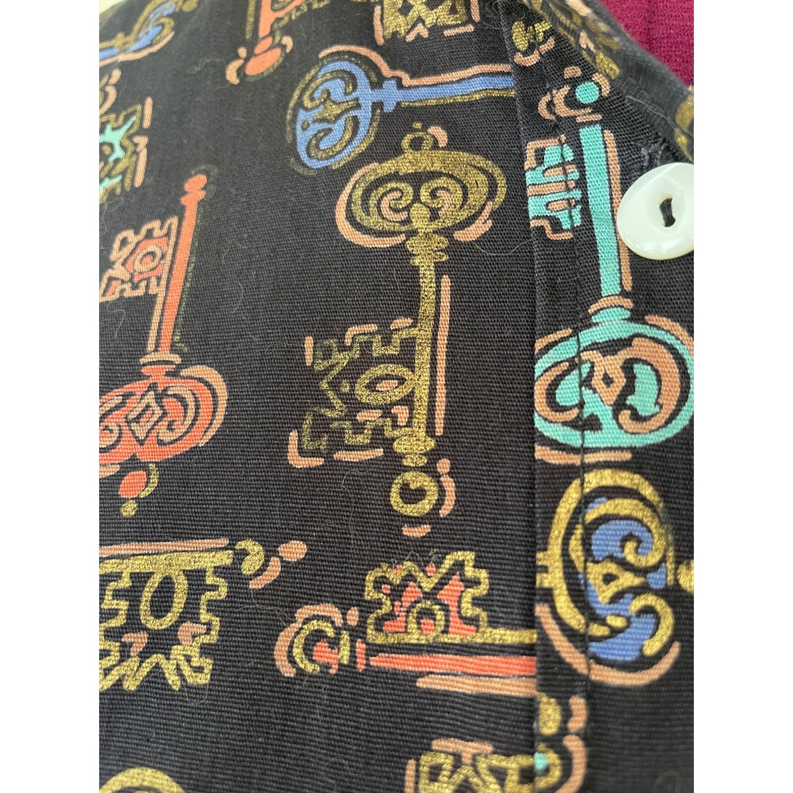 Vintage 1960s Skeleton Key Print Blouse With Puff Sleeves Black Grosgrain Size S