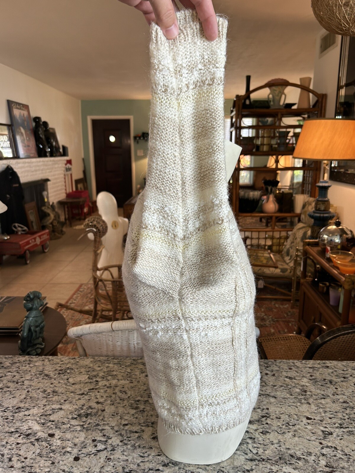 Vintage Beldoch Popper Knit Acrylic Sweater Junior L Women’s S Beige Tan White