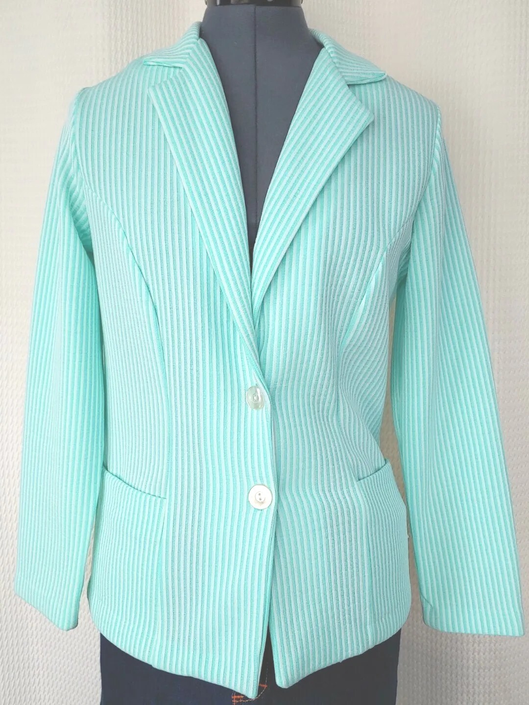 Vintage Unbranded Mint Green & White Striped Unlined Jacket Size 10