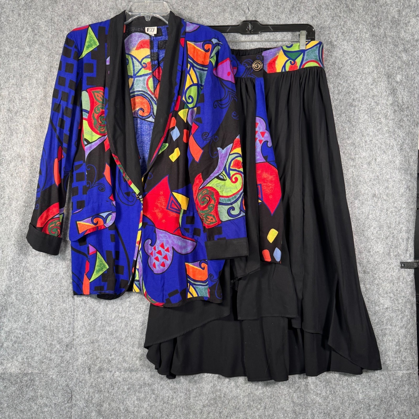 Vtg F Stop Art-to-Wear Jacket Skirt Suit Set Womens Medium/Large Funky Wild 80s