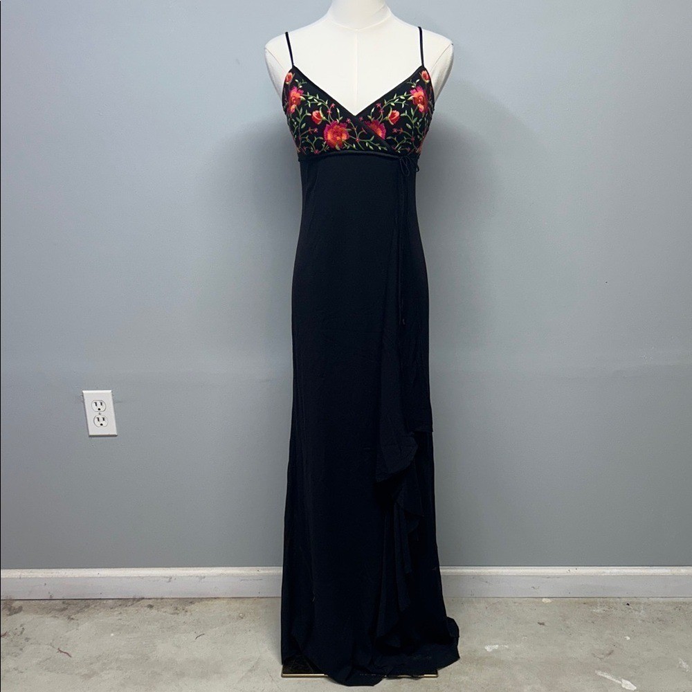 Vintage 90s De Laru Black Floral Embroidered Maxi Slip Dress Formal