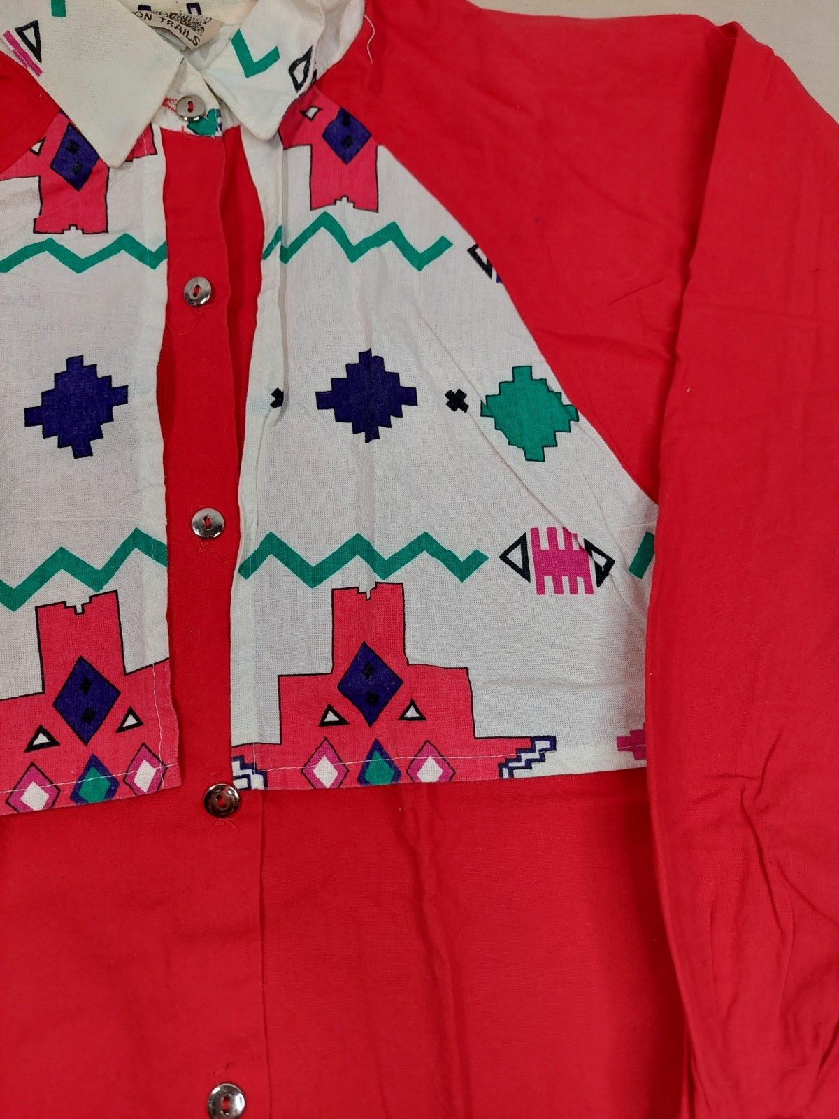 Vintage 80s Southwestern Cowgirl Shirt Women S Red Geometric USA 100% Cotton