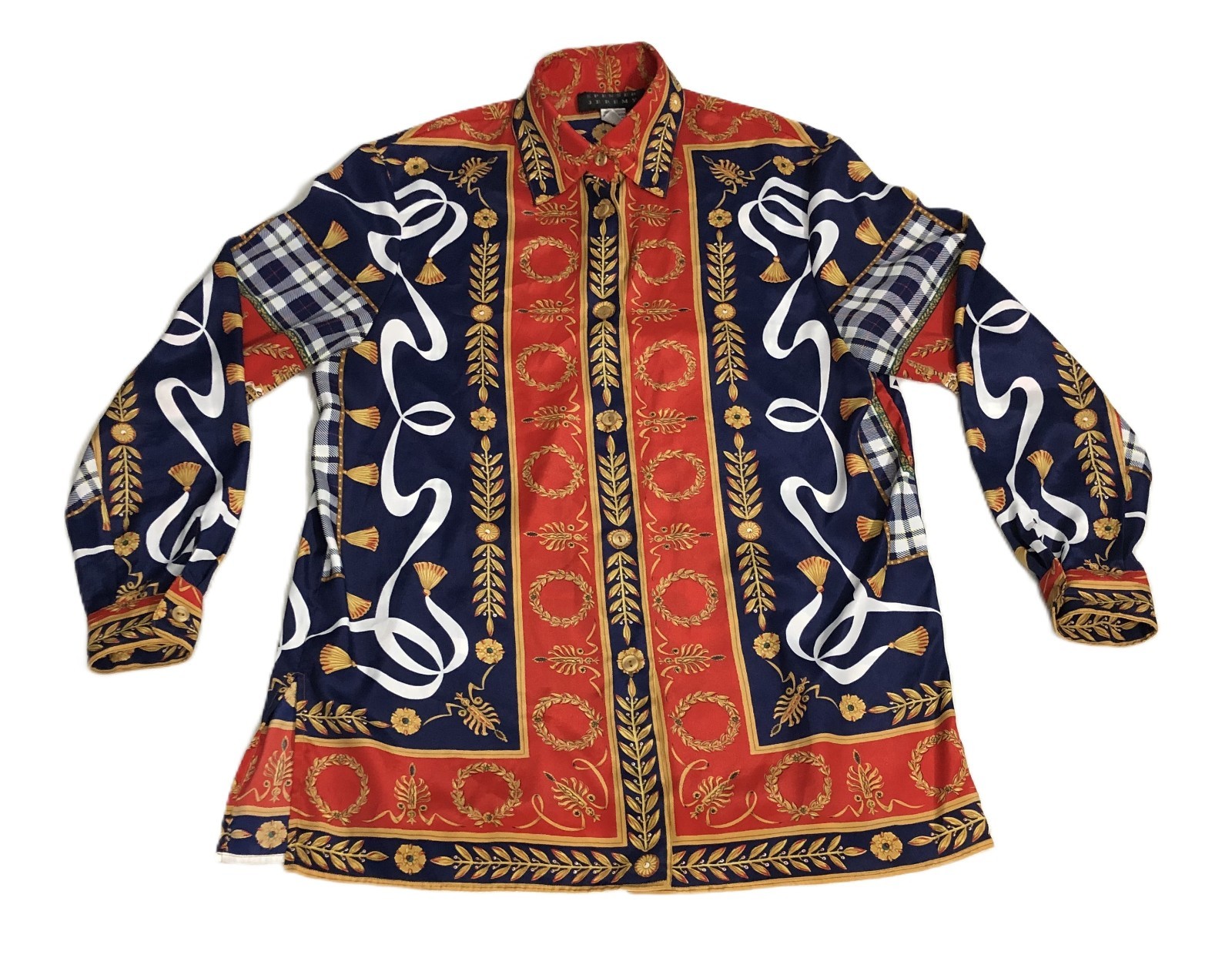 VTG Spencer Jeremy S Bohemian Red Blue Gold Button Up Blouse Vibrant Geometric