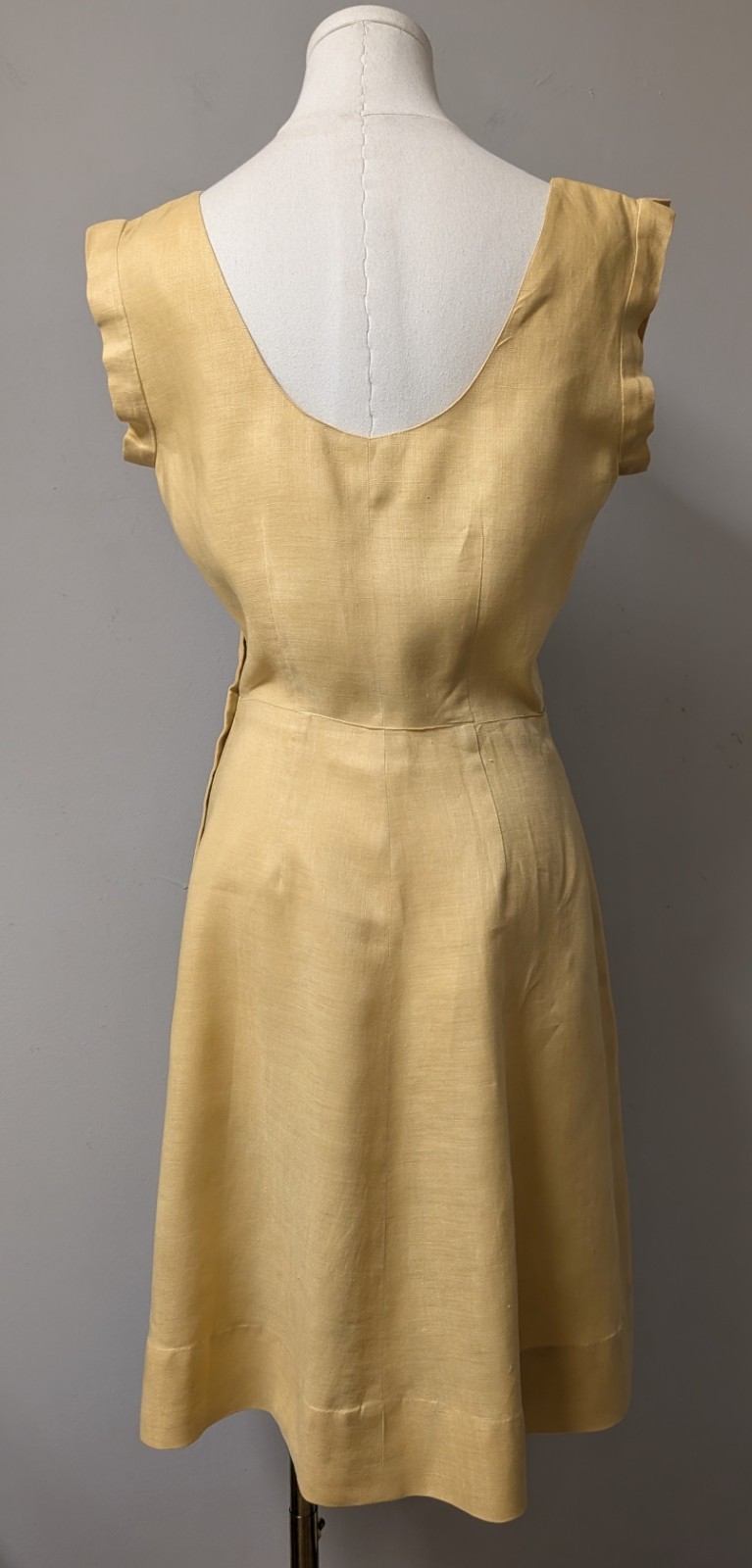 Vintage 40’s Linen Yellow Gold Dress Side Metal Zipper Embroidered Appliques S