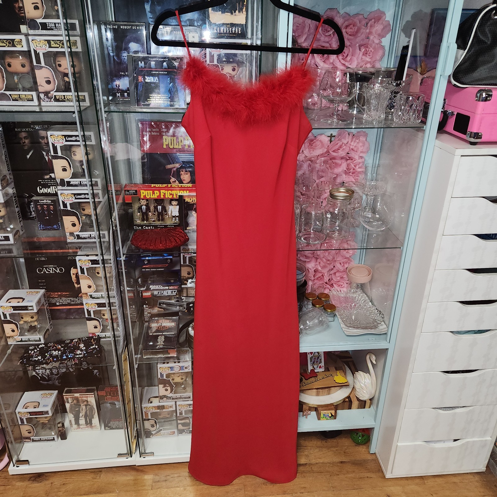 Vintage Y2K Kiki USA Women’s Red Maxi Dress Red Feather Trim Paper Tag Small EUC