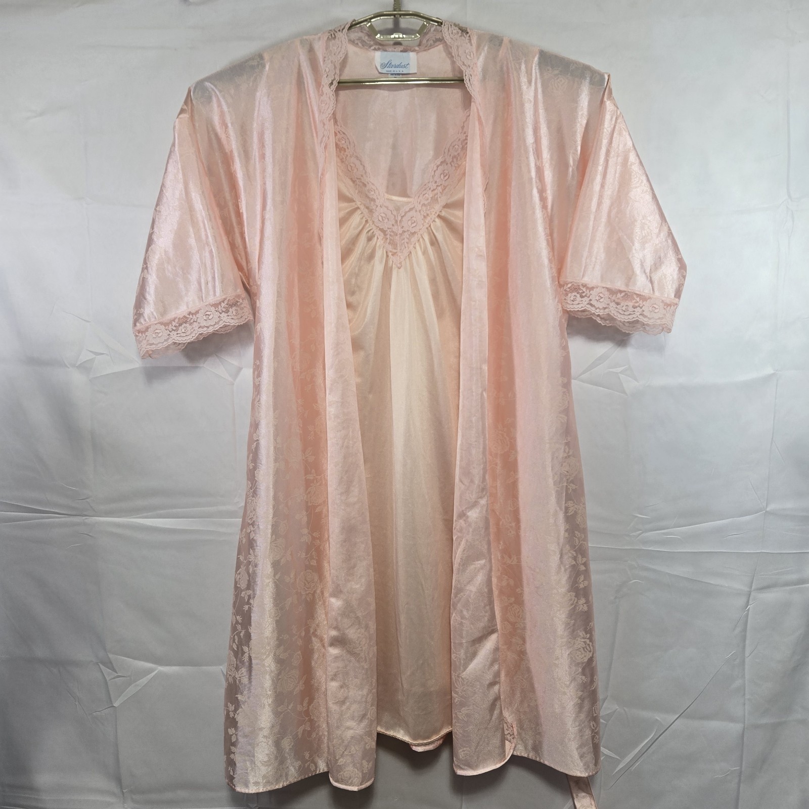 Vtg Stardust Pale Pink Satin Lace Nightgown Robe Set 2XL Romantic