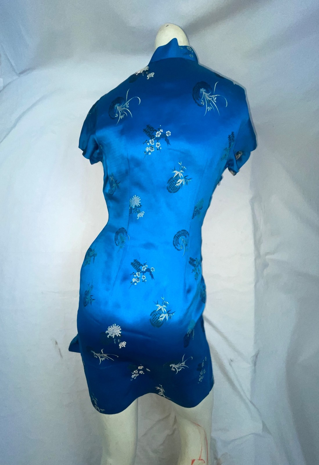 VTG 60S WOMENS S BLUE ASIAN ORIENTAL SHORT MINI SATIN SILK QIPAO CHEONGSAM DRESS