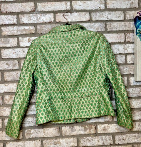 VTG T. Jones 1960s 2pc Skirt Suit Green Gold Brocade Mod Jackie O Set Sz S/M