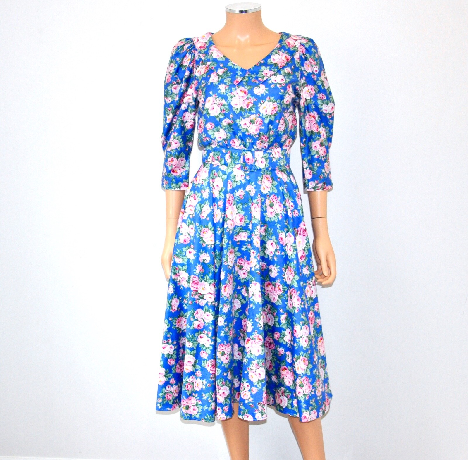 VTG 80’S/90’S Blue Pink Roses Print Cottage Core Belted Puff Sleeve Dress – XS