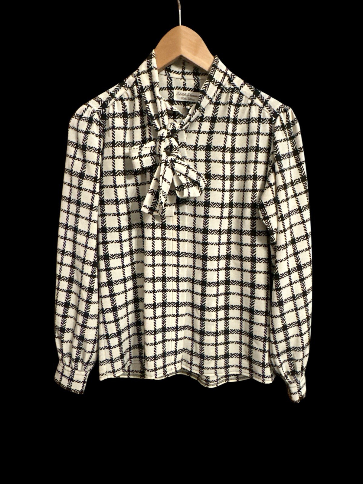 Adolph Schuman for lilli Ann Blouse Vintage L/S Black Cream Check Union Made F/S