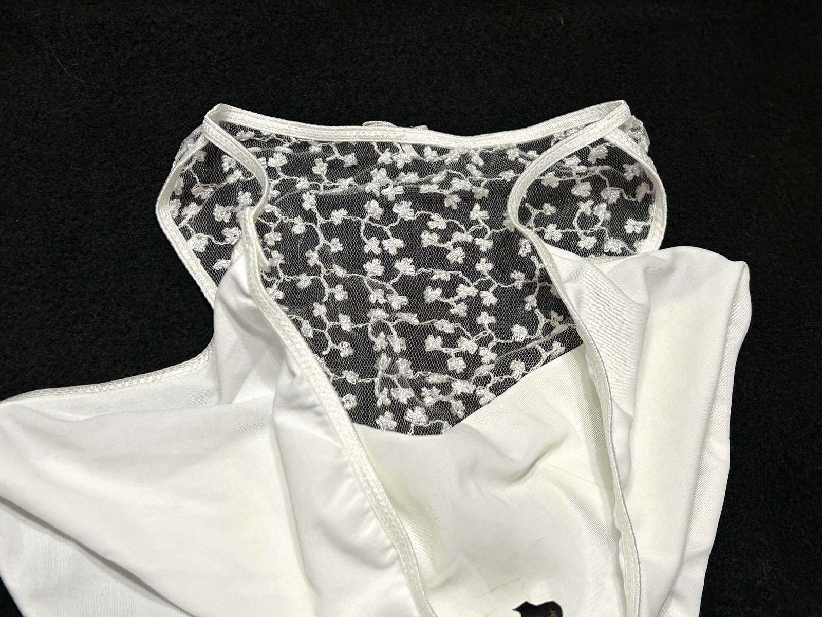 Vtg DONNA LOREN 105X Embroidered Sheer Mesh Satin 4X White String Bikini Panties