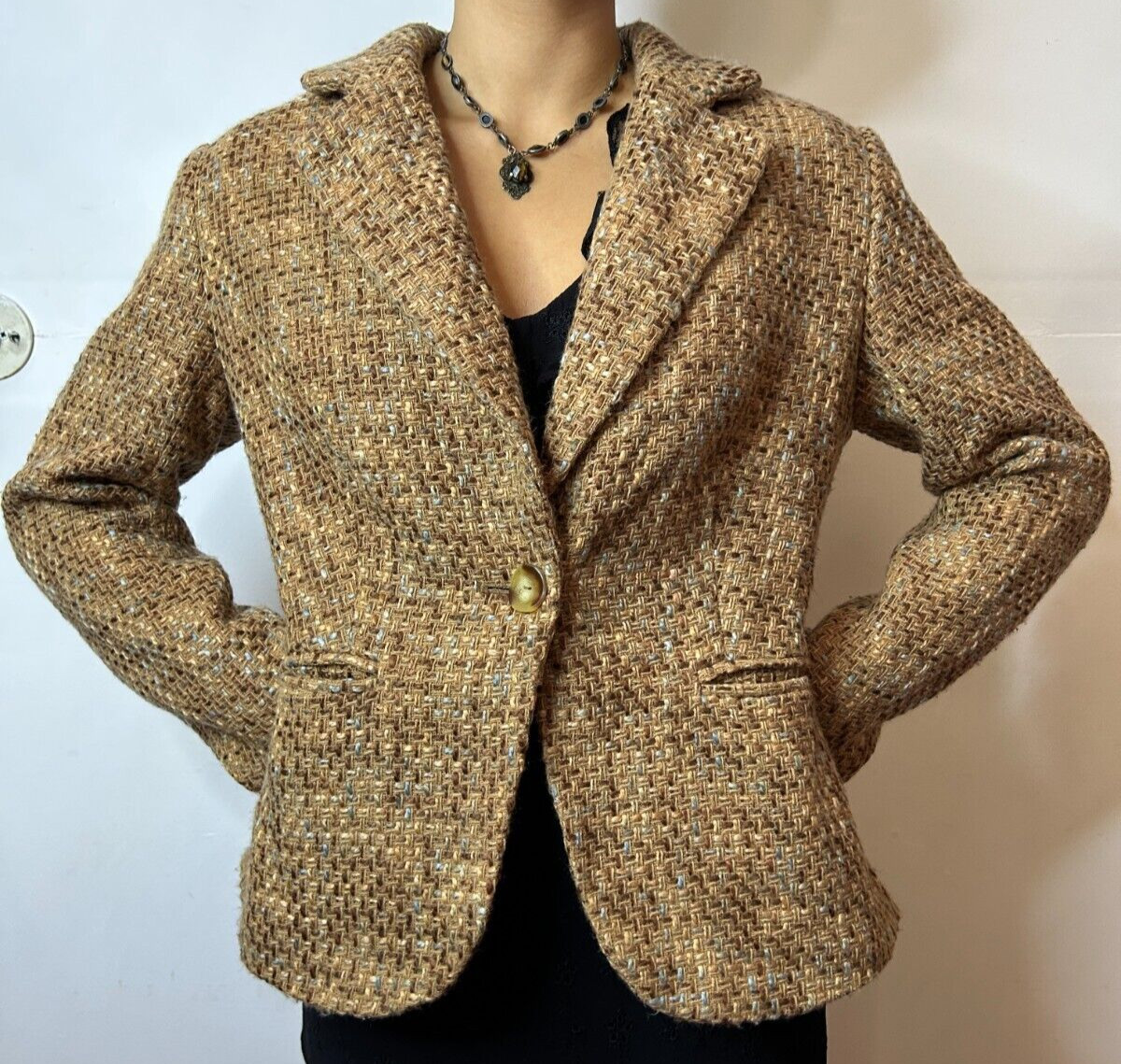 Vintage 1980s Wool Twill Blazer Coat Mid-Length Brown Business Workwear AU 6-8