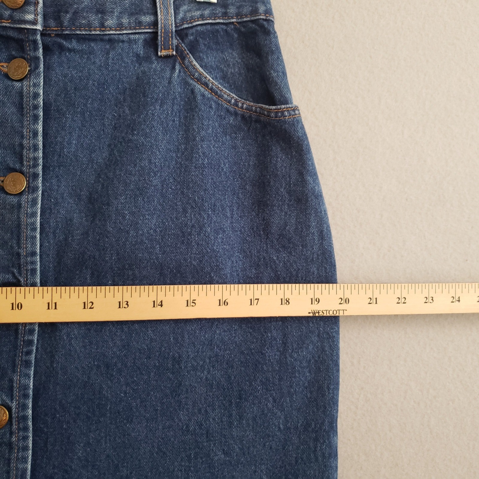 Courage My Love 13/14 Denim Skirt Blue Button Front High Rise Midi Vintage 90s