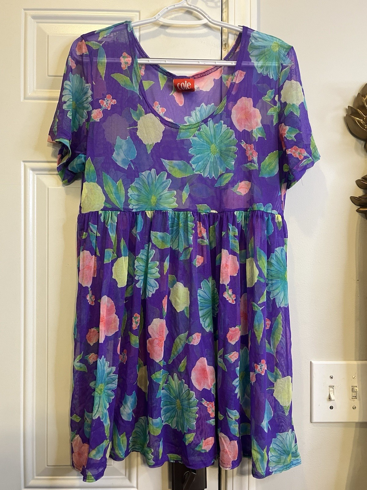Rare 90s Cole of California Sheer Floral Mesh Babydoll Swim Cover-Up Dress Y2K