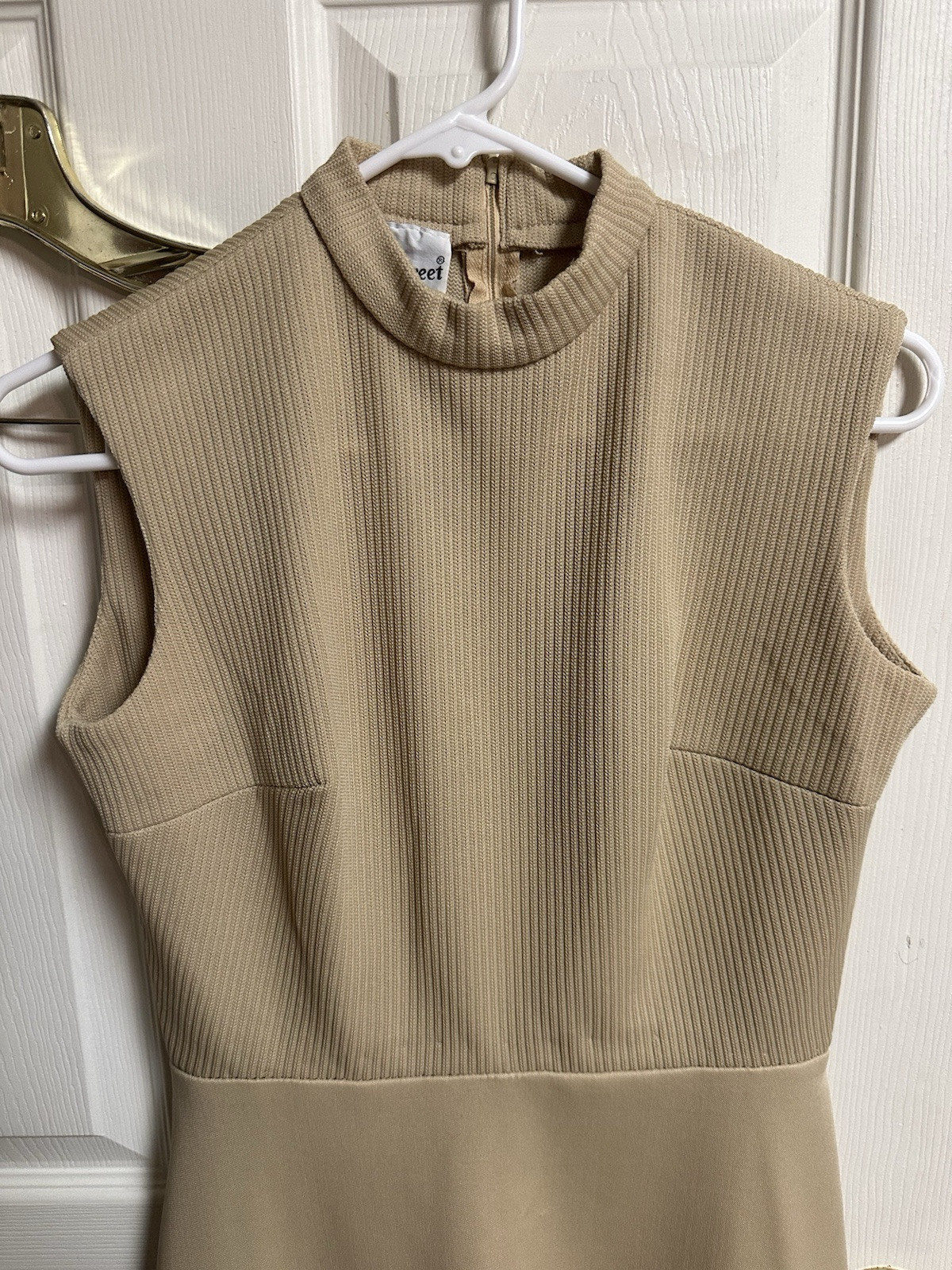 VNT 60s/50s Bleeker Street Ribbed/beige Maxi Sleeveless Dress Med Knit Mod Sleek
