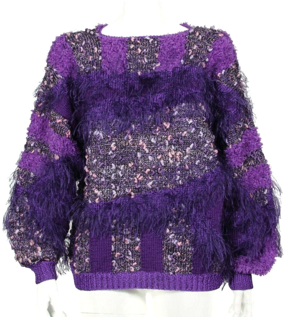 1980’s Purple Eyelash Chenille Pull Over Sweater Knit Sweater Metallic sz XL 302