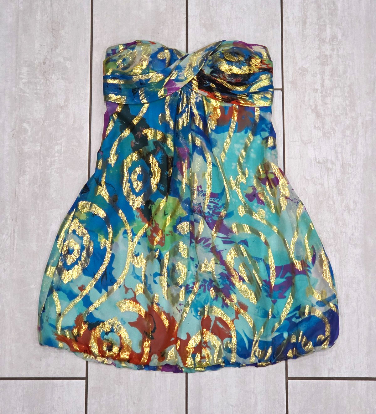XSCAPE Y2K Vintage Silk Blend Strapless Bubble Hem Dress Metallic Gold Abstract