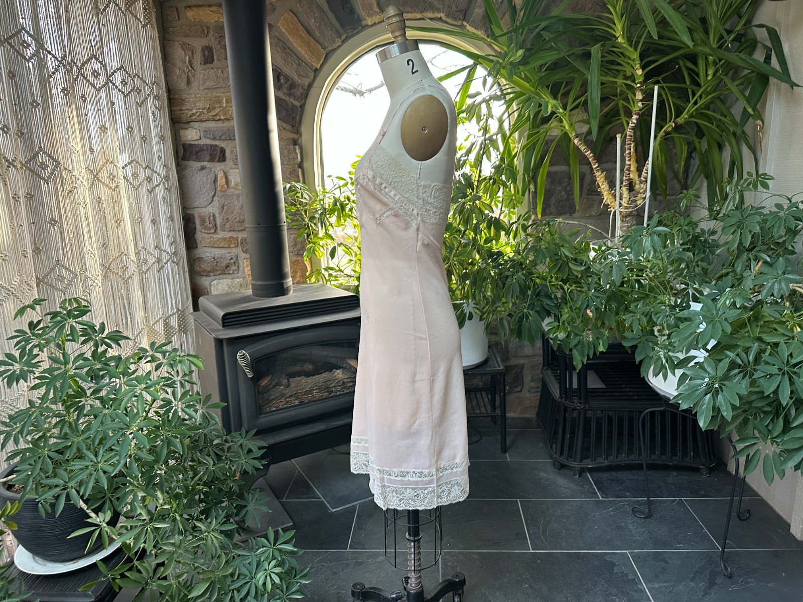 Vintage 1960s Peach Nylon Ivory Lace Slip Dress Crepelon Vassarette