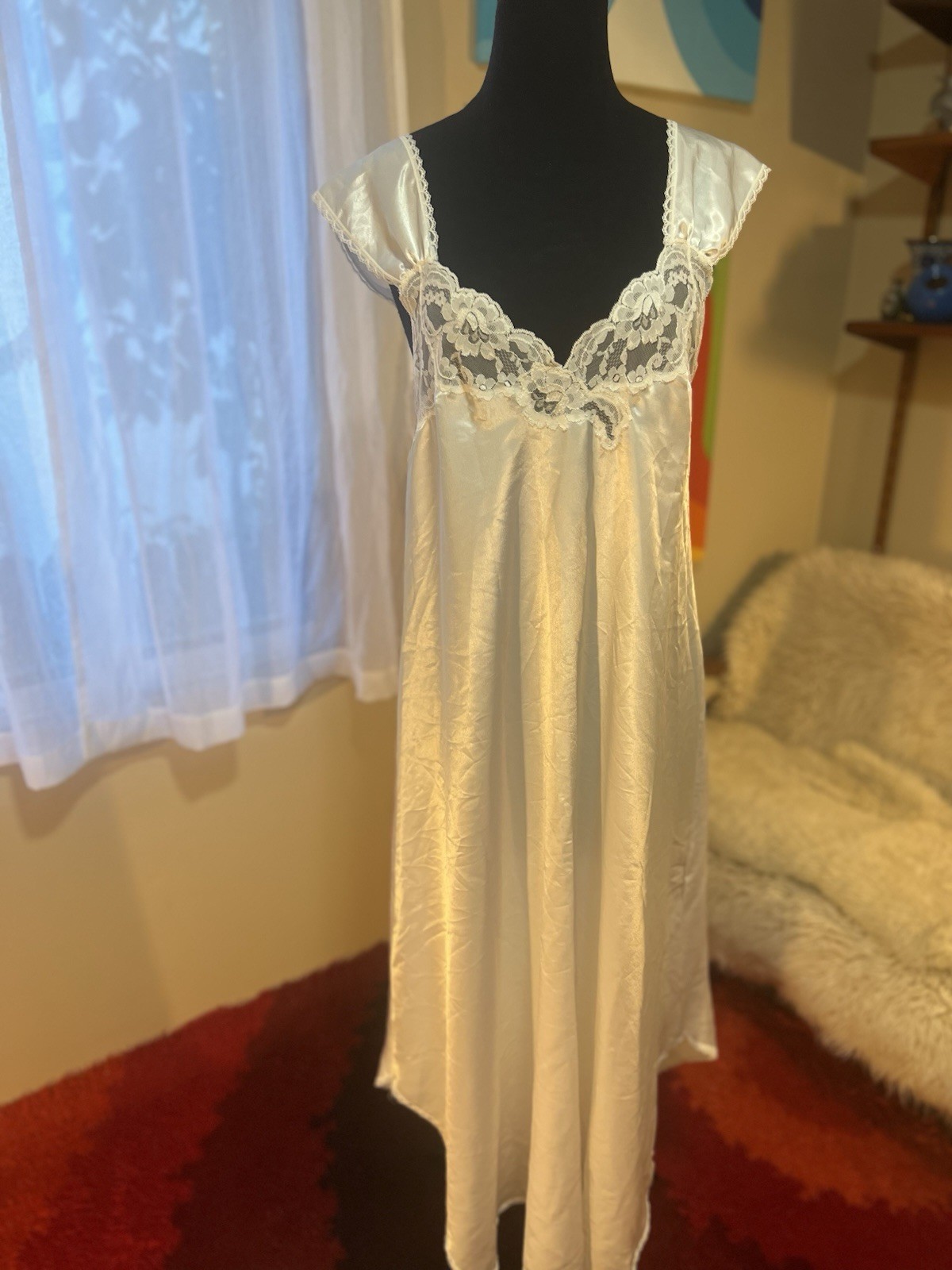 Vtg Farr West Style Faye Shiny Satin Nightgown Maxi Dress Medium White USA Made
