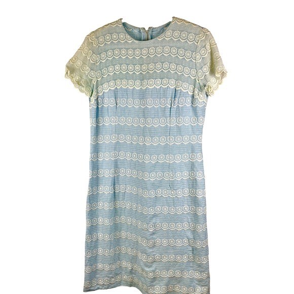 Vintage Leslie Pomer 1950’s Blue Lace Sheath Dress Short Sleeve Mod Style