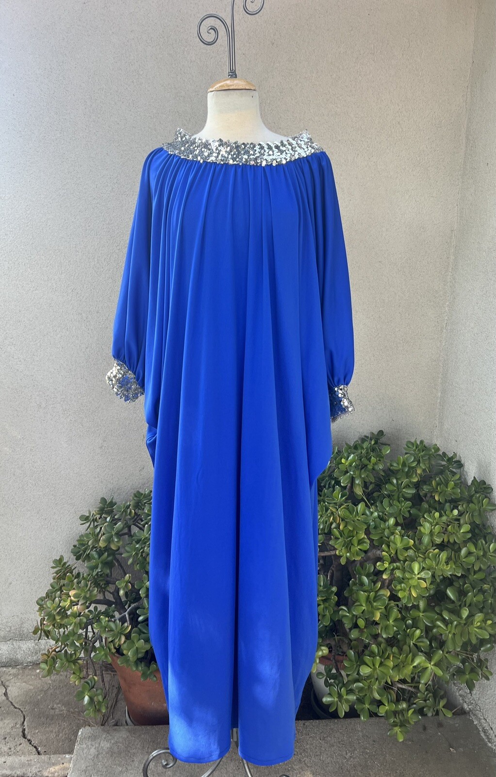Vtg Evening Kaftan Royal Blue Polyester Sequins Trim OS My Kinda Gal
