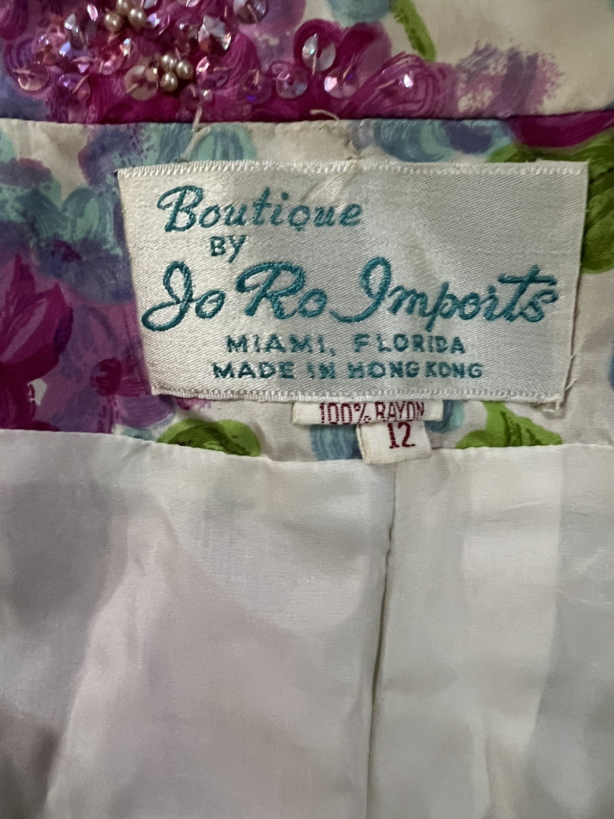 Vintage 50s Jo Ro Imports Beaded Sequins Blouse Jacket White Floral Size 12 M/L