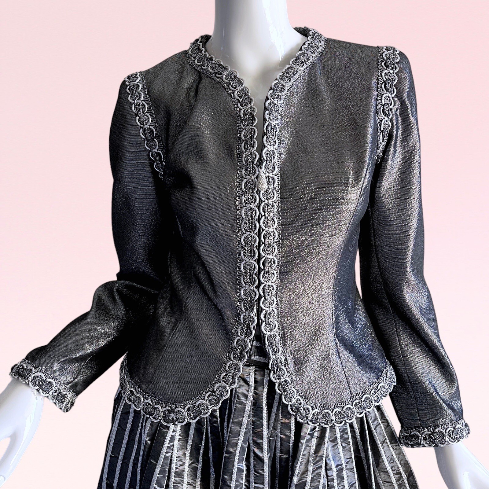 1990s Victor Costa Brocade Metallic Silver Rhinestone Taffeta Evening Gown Set