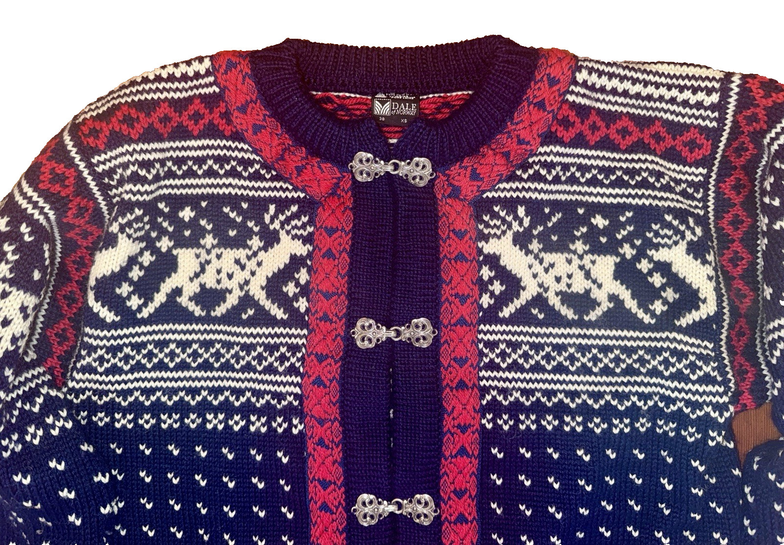 Vtg DALE of NORWAY Nordic SWEATER 100% Wool 1970s Sz 38 S Buckles CARDIGAN Cabin
