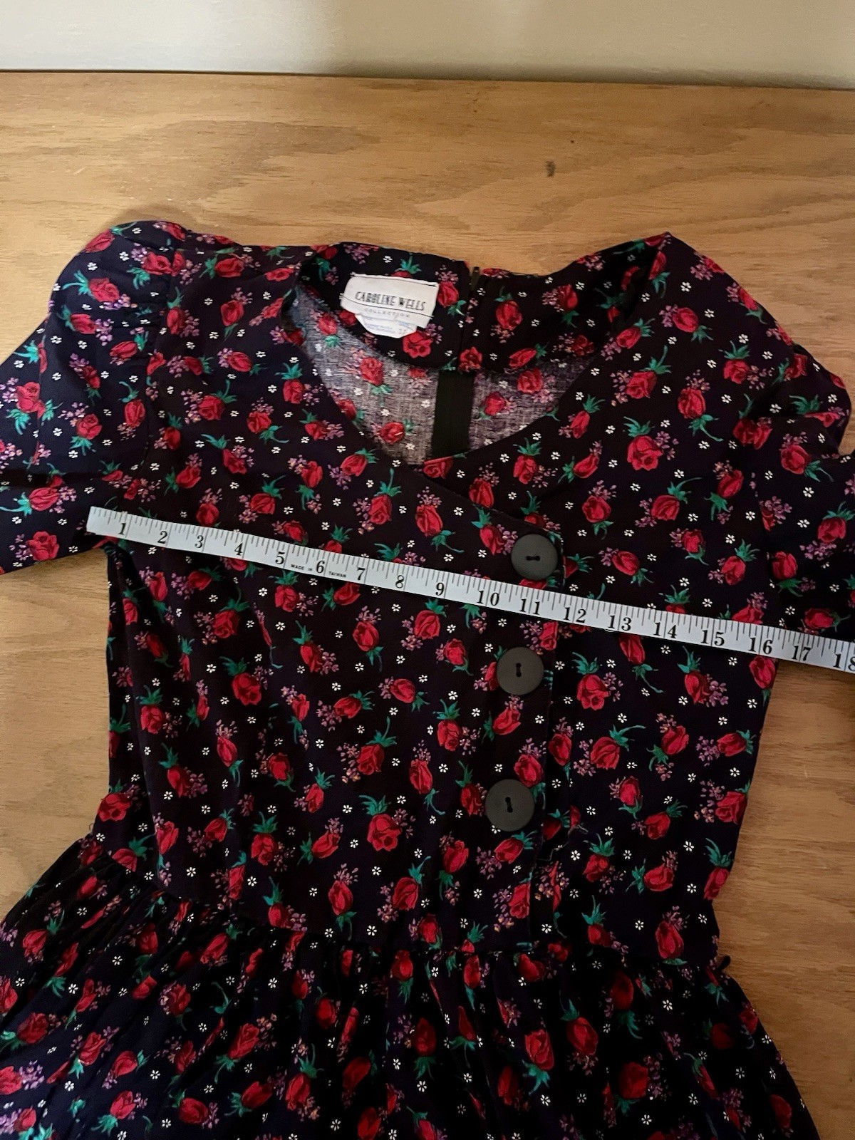 80s Caroline Wells Vintage Floral Midi Dress with Shoulder Pads, tag size 12