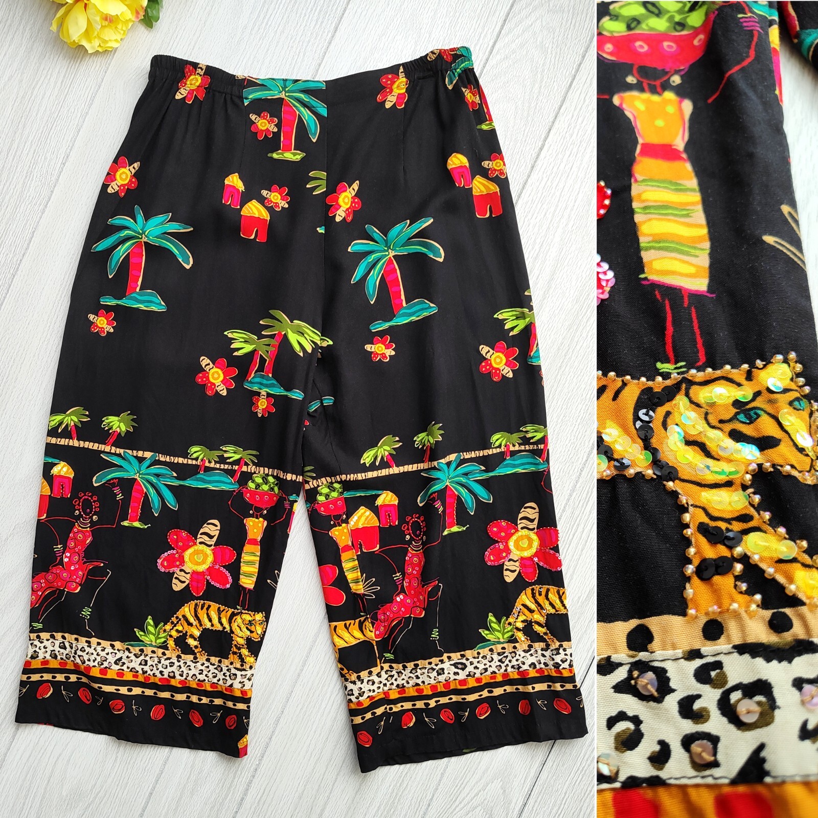Vintage 90s Beaded Capri Pants Tigers Black Rayon Elastic Faith Resortwear M