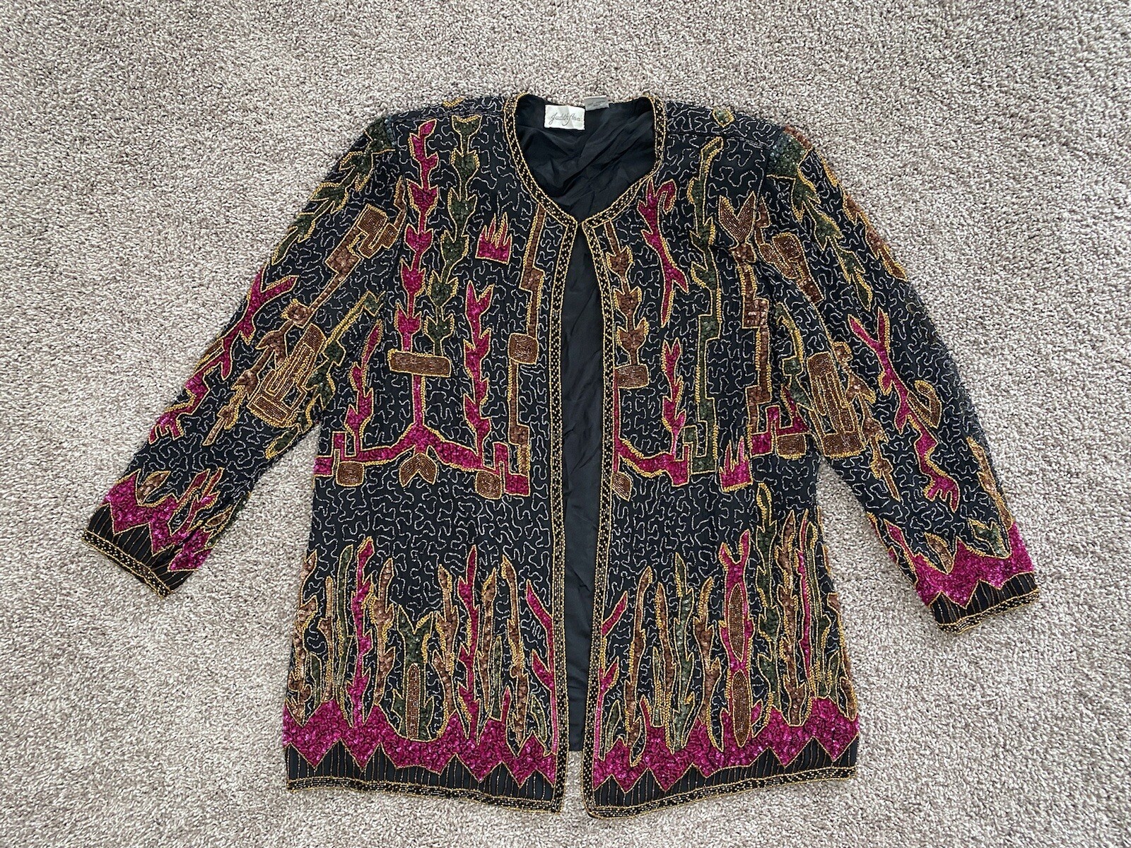 judith ann Black Gold Red Beading Vintage Jacket Blazer 1X 16-18
